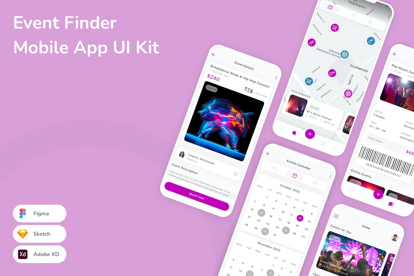 新闻事件查找器移动应用 App UI Kit (SKETCH,FIG,XD)