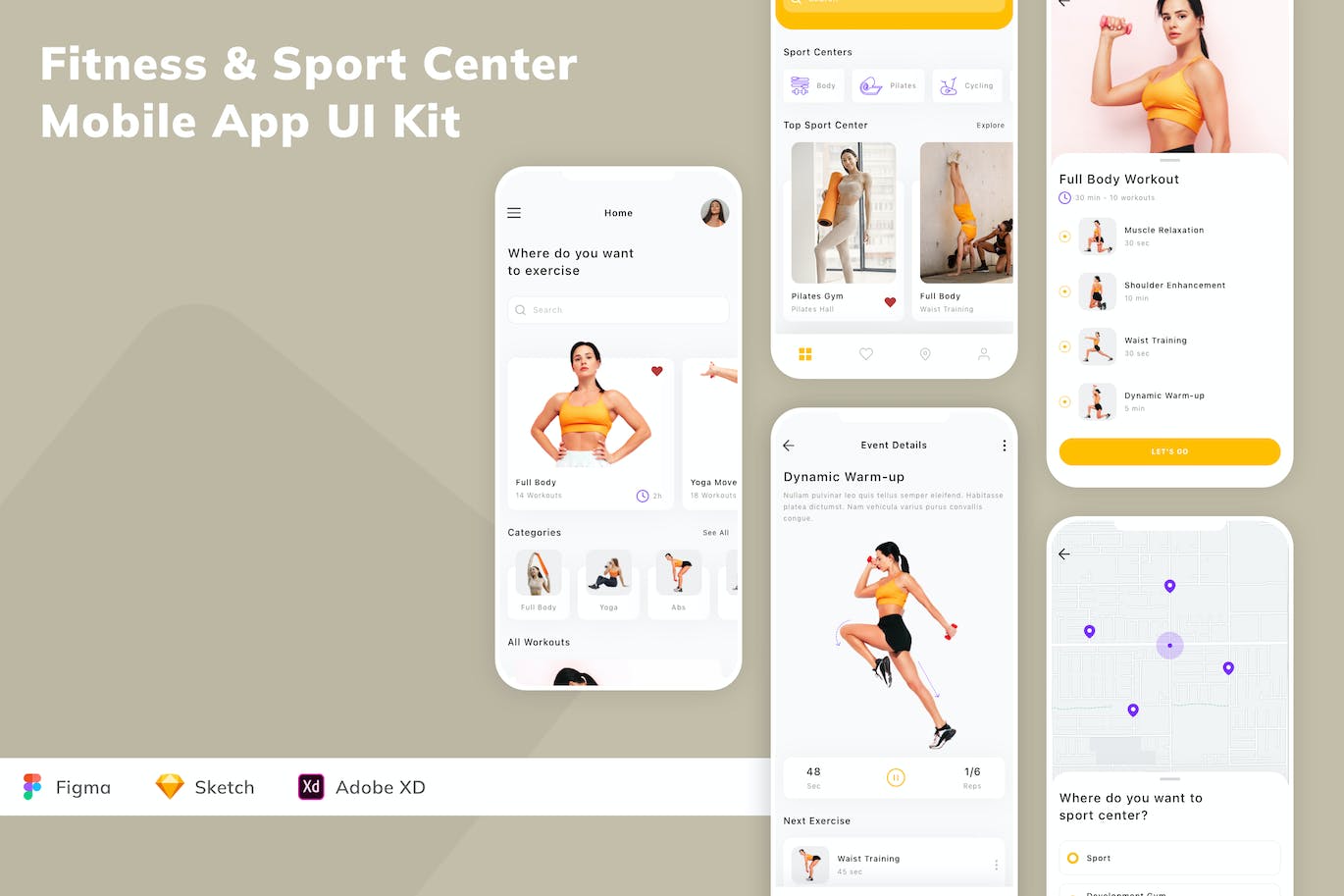 健身和运动中心移动应用 App UI Kit (SKETCH,FIG,XD)