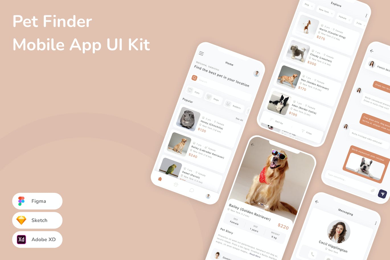 宠物查找器移动应用 App UI Kit (SKETCH,FIG,XD)