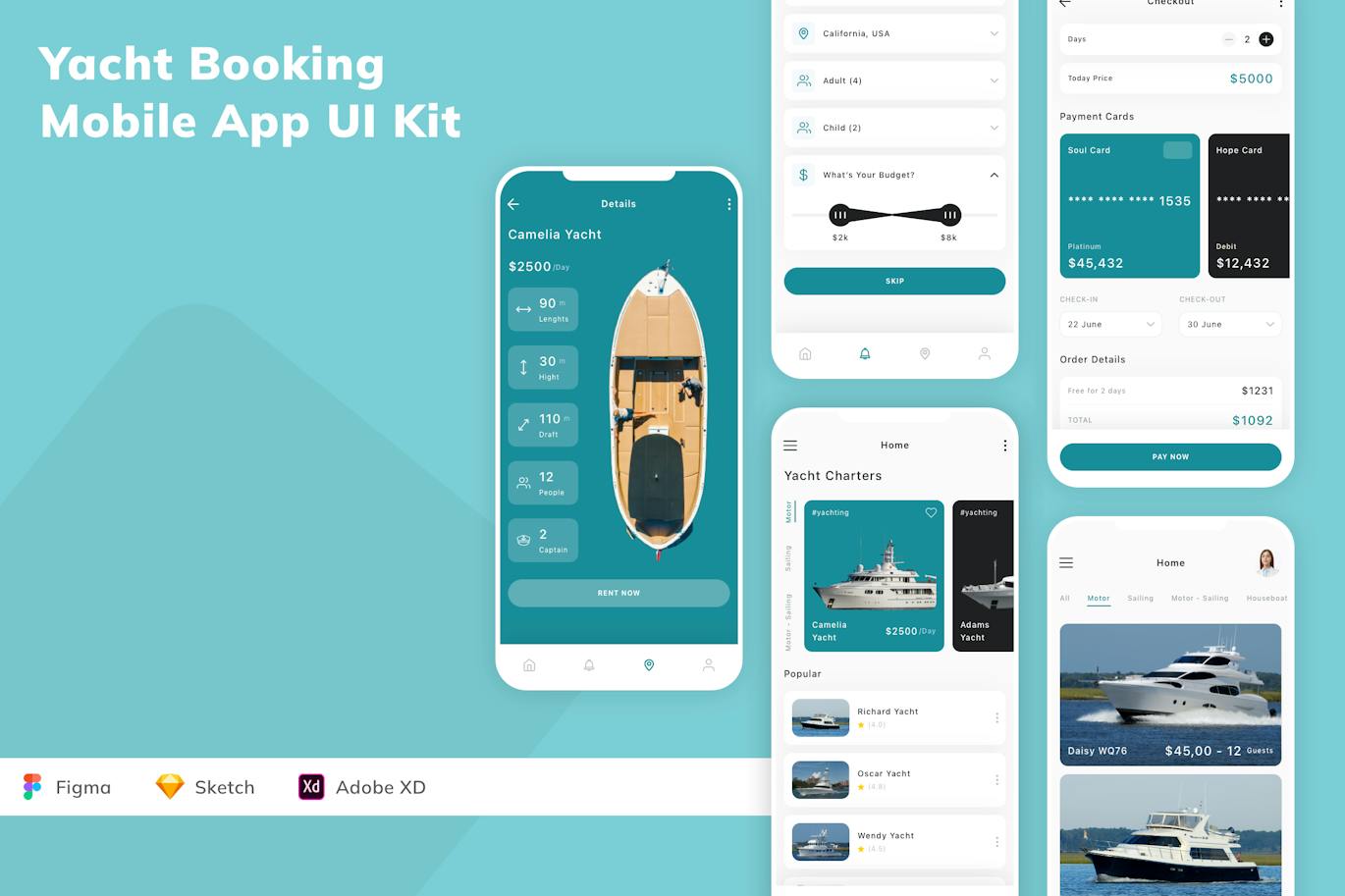 游艇预订移动应用 App UI Kit (SKETCH,FIG,XD)