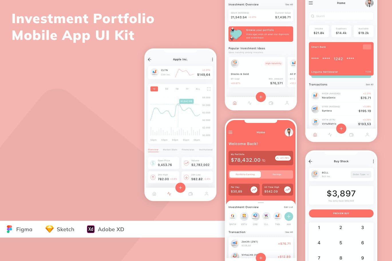 投资组合移动应用 App UI Kit (SKETCH,FIG,XD)