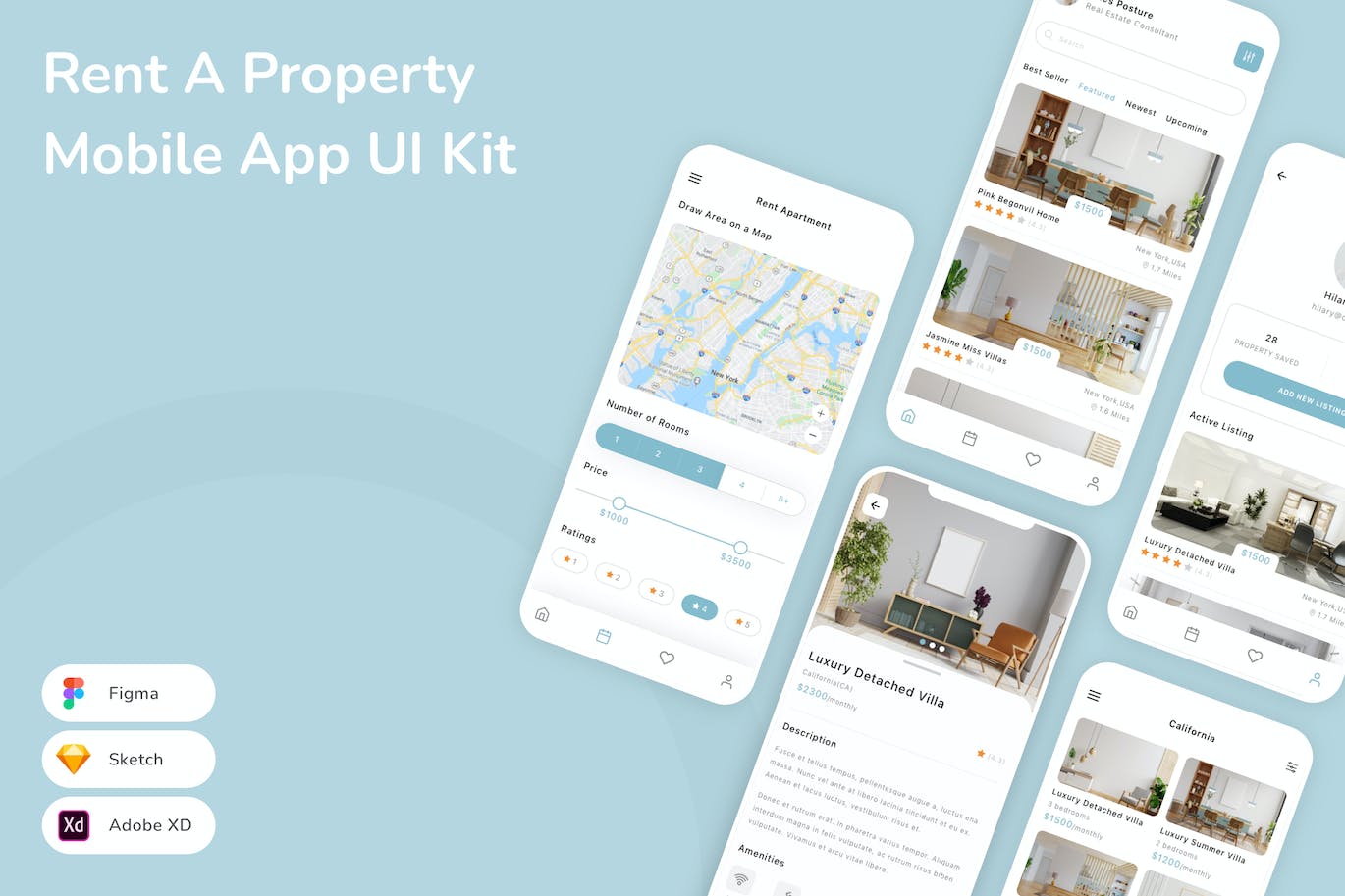租赁房产移动应用  App UI Kit (SKETCH,FIG,XD)