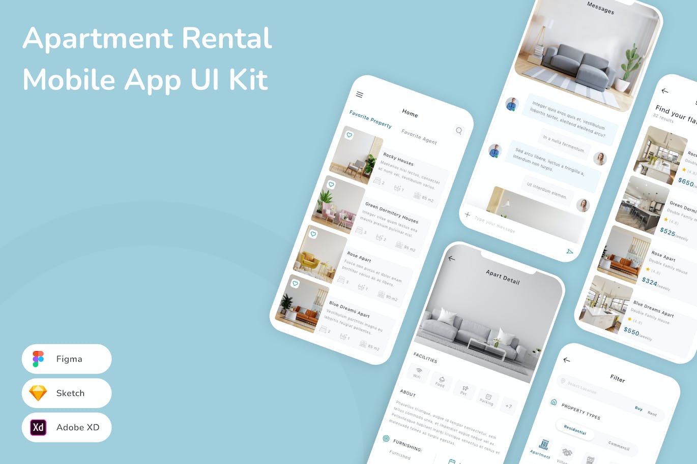 公寓租赁移动应用  App UI Kit (SKETCH,FIG,XD)