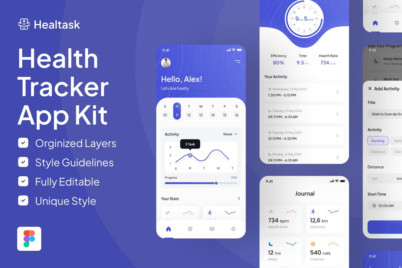 健康追踪器移动应用 App UI Kit (FIG)