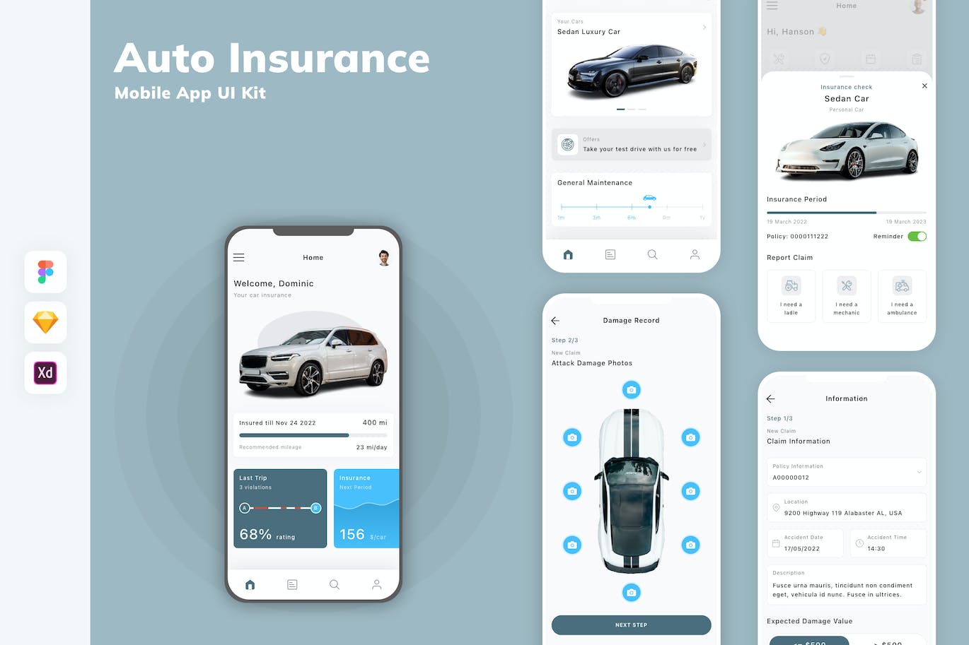 汽车保险移动应用App UI Kit (SKETCH,FIG,XD)