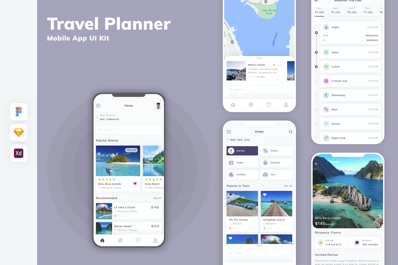旅行规划移动应用 App UI Kit (SKETCH,FIG,XD)