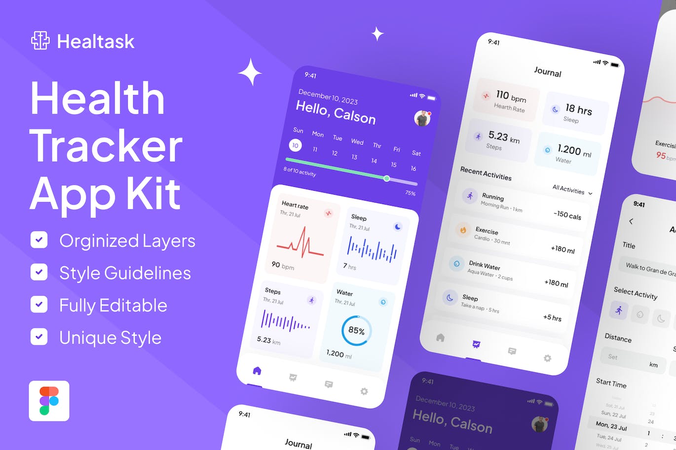 健康追踪器移动应用 App UI Kit (PNG)