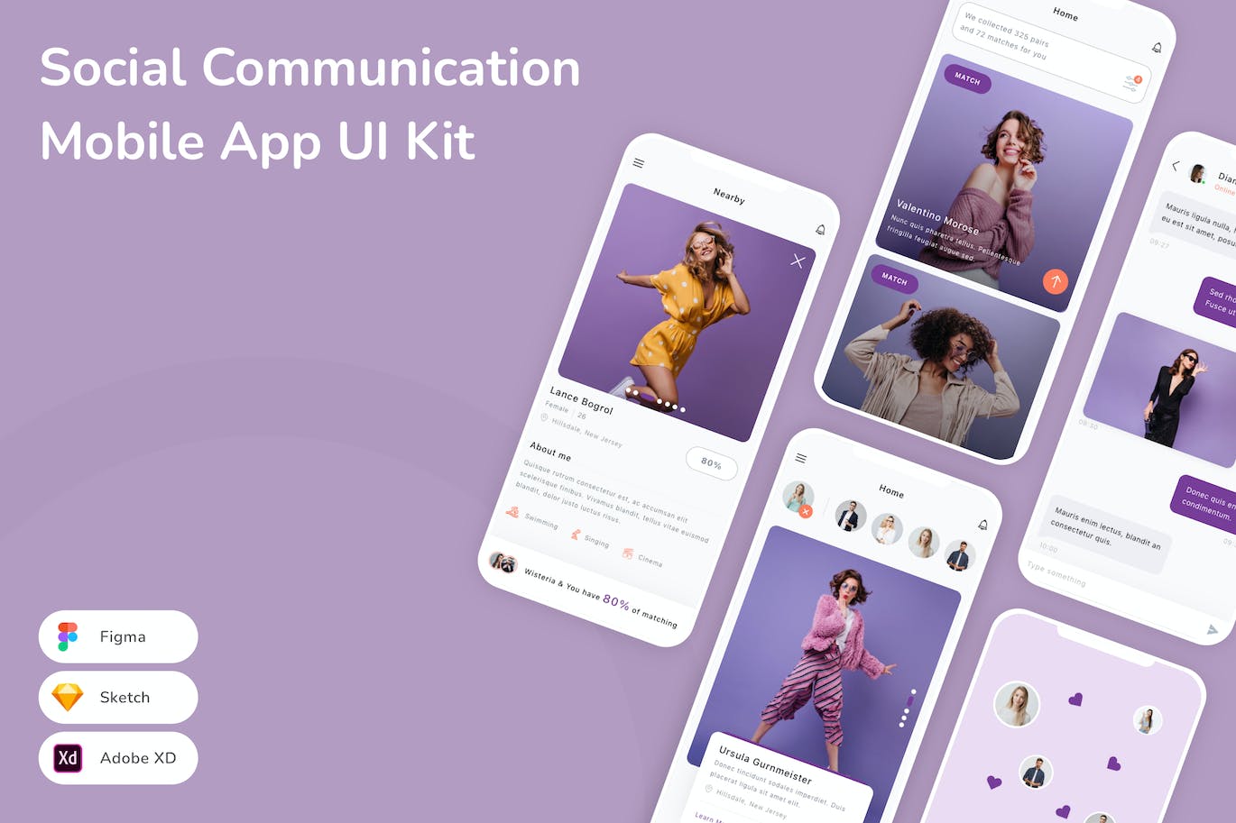 社交通讯移动应用 App UI Kit (SKETCH,FIG,XD)