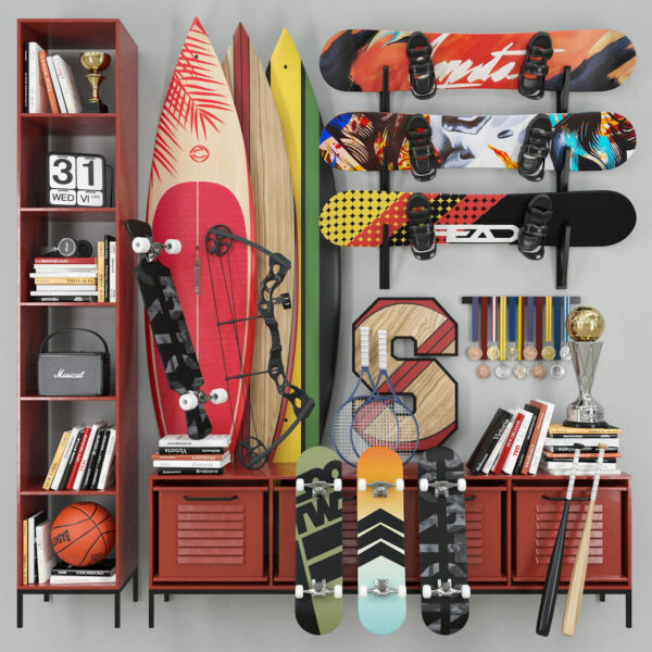 滑板 冲浪板 球拍 篮球 弓箭等运动设备组合3D模型（OBJ,FBX,MAX）