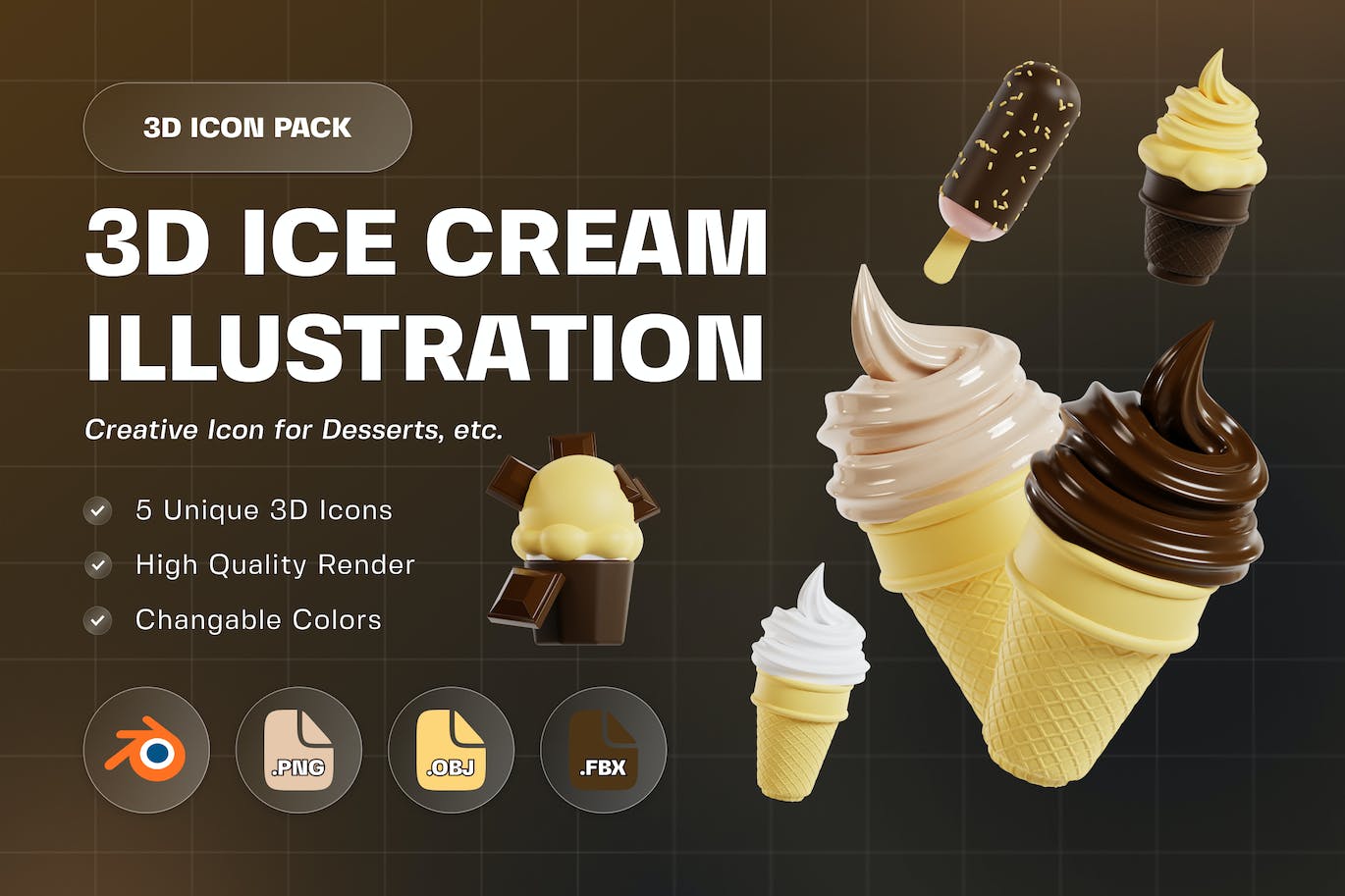 冰淇淋 3D 插图 (PNG,Blend)