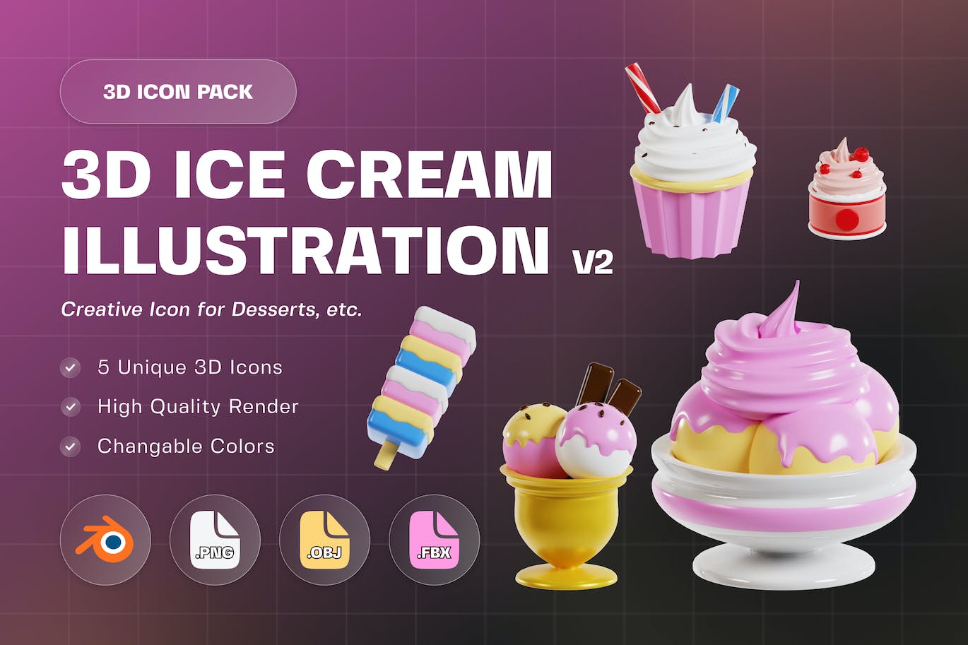冰淇淋3D插画V2 (PNG,Blend,OBJ,FBX)