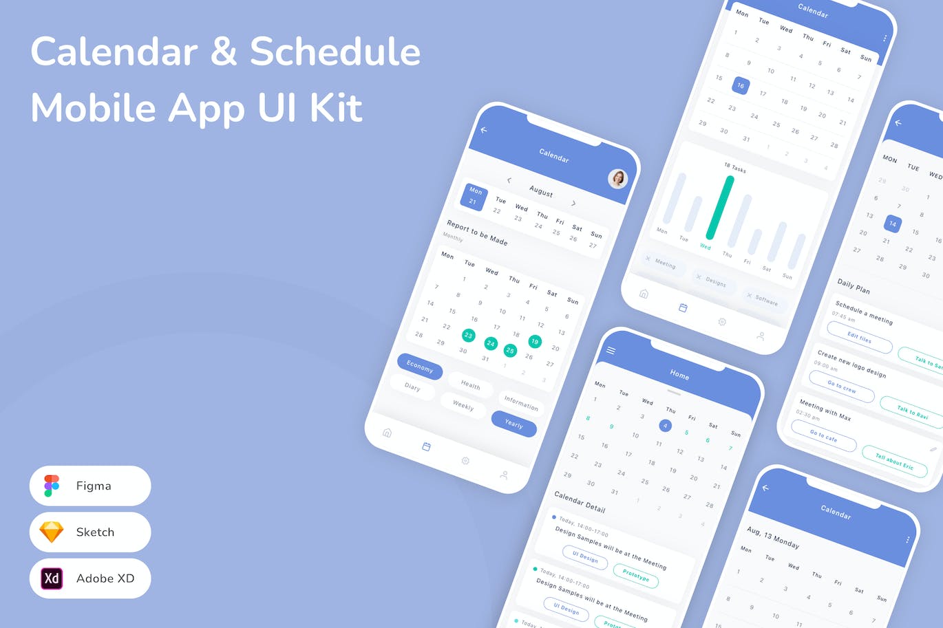日历和日程移动应用App UI Kit (SKETCH,FIG,XD)