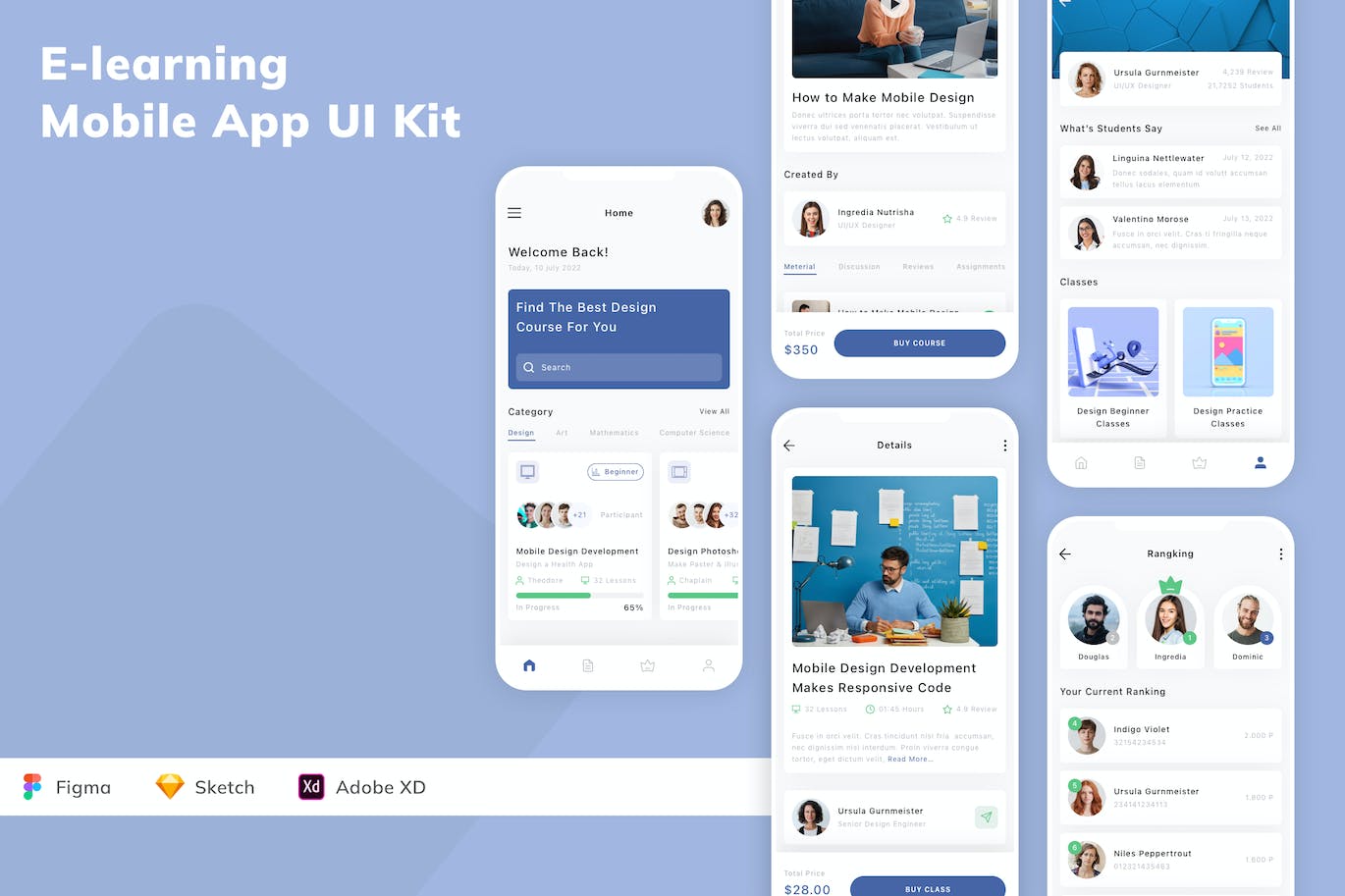 在线学习移动应用 App UI Kit (SKETCH,FIG,XD)