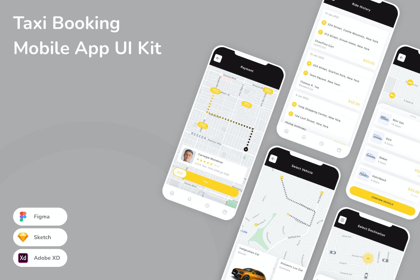 出租车预订移动应用App UI Kit (SKETCH,FIG,XD)