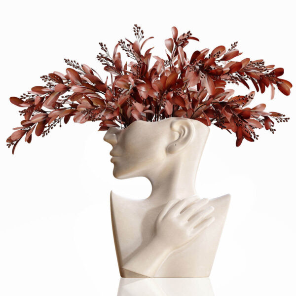 陶瓷人脸花瓶中的植物枝条3D模型（FBX,MAX）