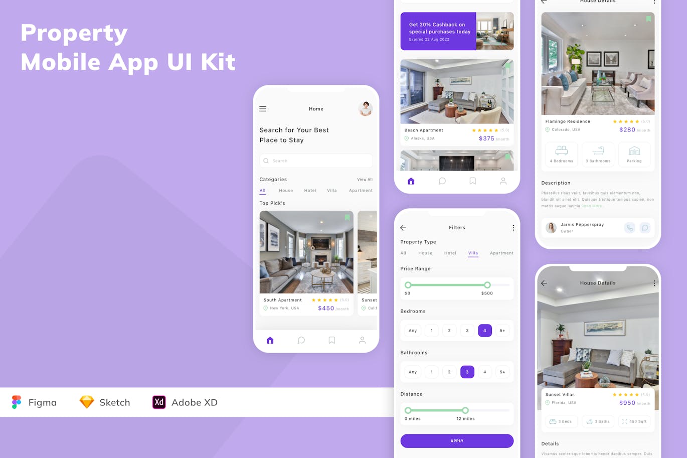 房地产移动应用 App UI Kit (SKETCH,FIG,XD)