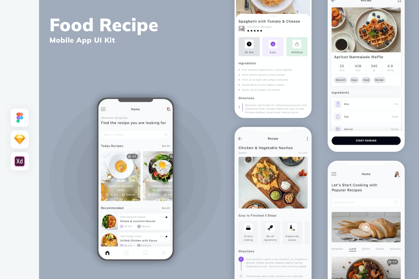 食物食谱移动应用 App UI Kit (SKETCH,FIG,XD)