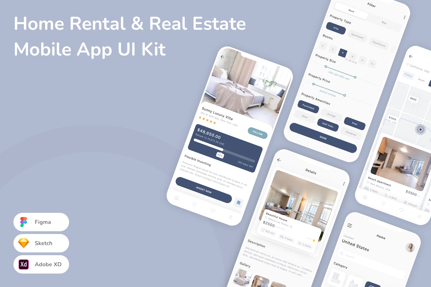 房屋租赁和房地产移动应用App UI Kit (SKETCH,FIG,XD)
