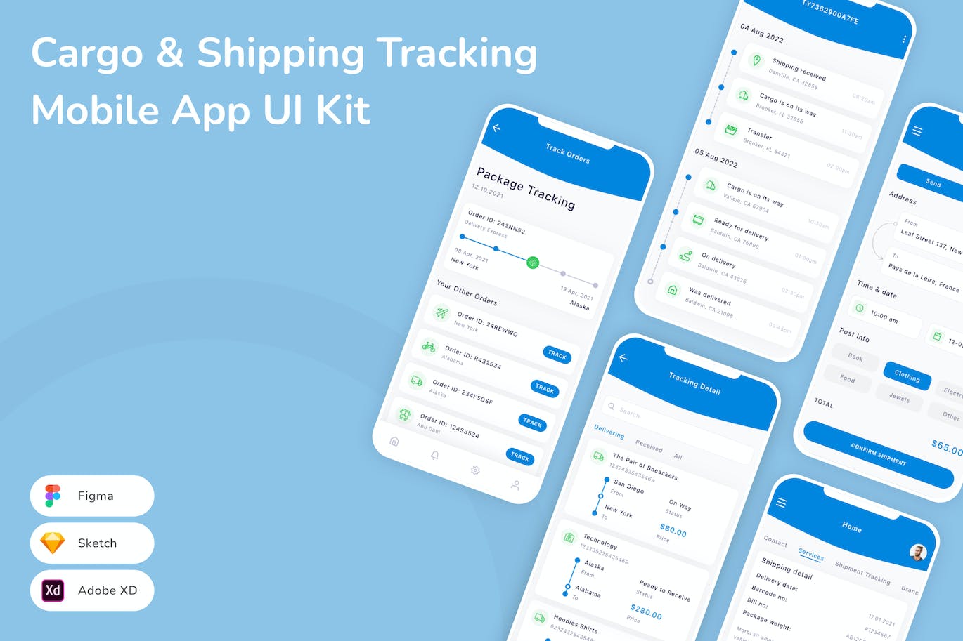 货物和运输跟踪移动应用 App UI Kit (SKETCH,FIG,XD)