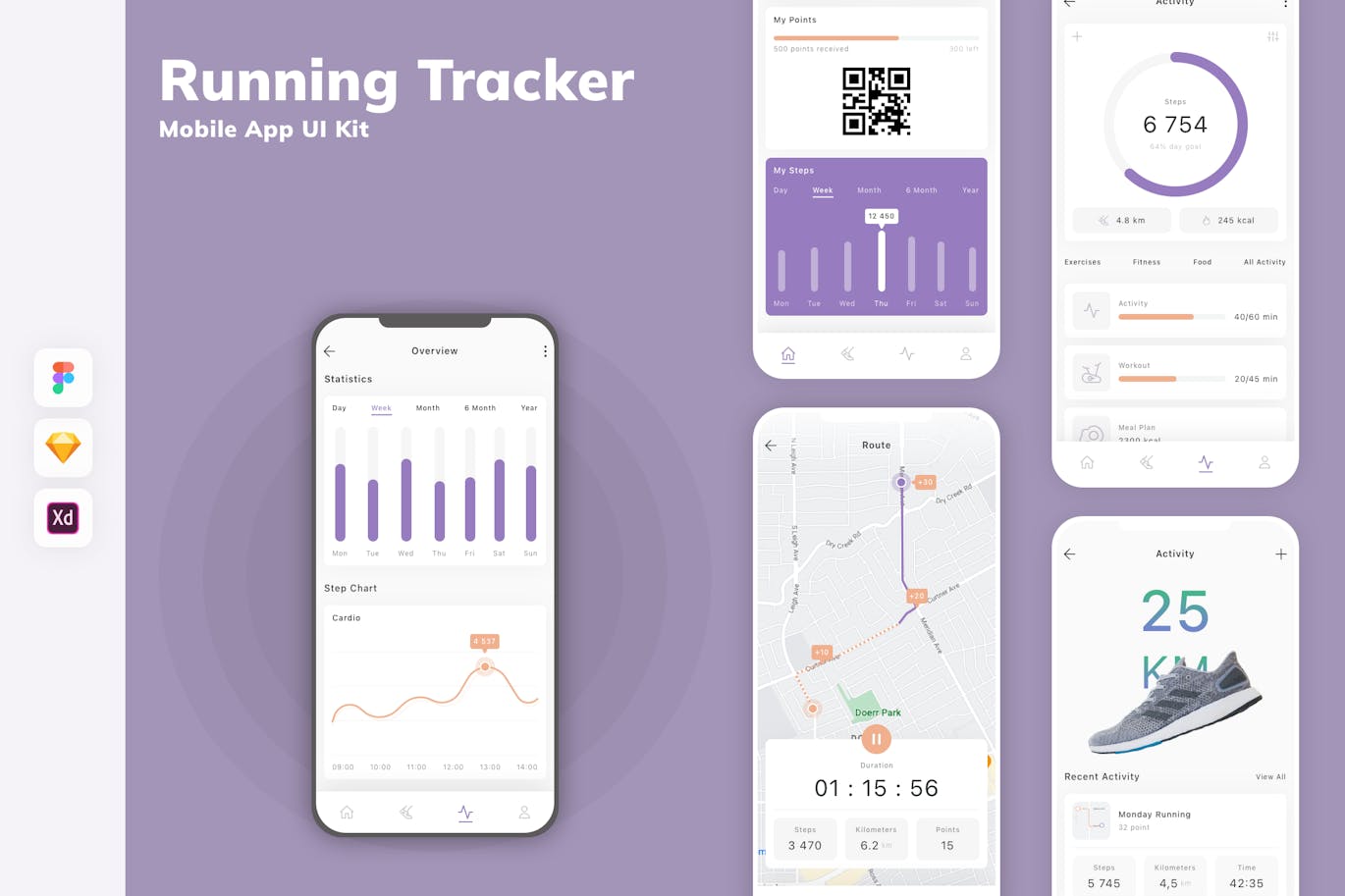 跑步追踪器移动应用App UI Kit (SKETCH,FIG,XD)