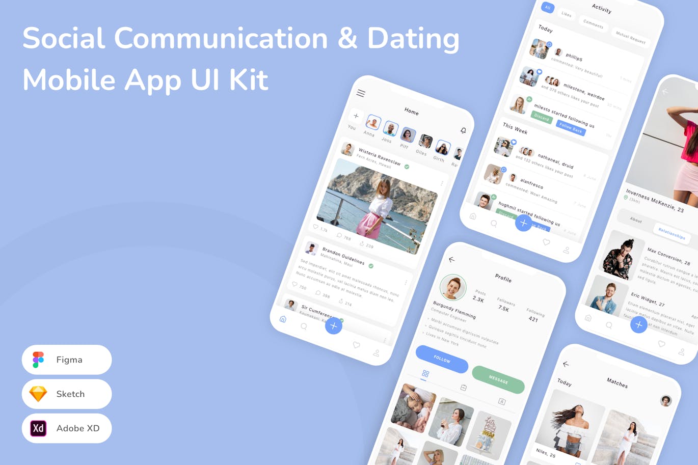 社交通讯和约会移动应用App UI Kit (SKETCH,FIG,XD)