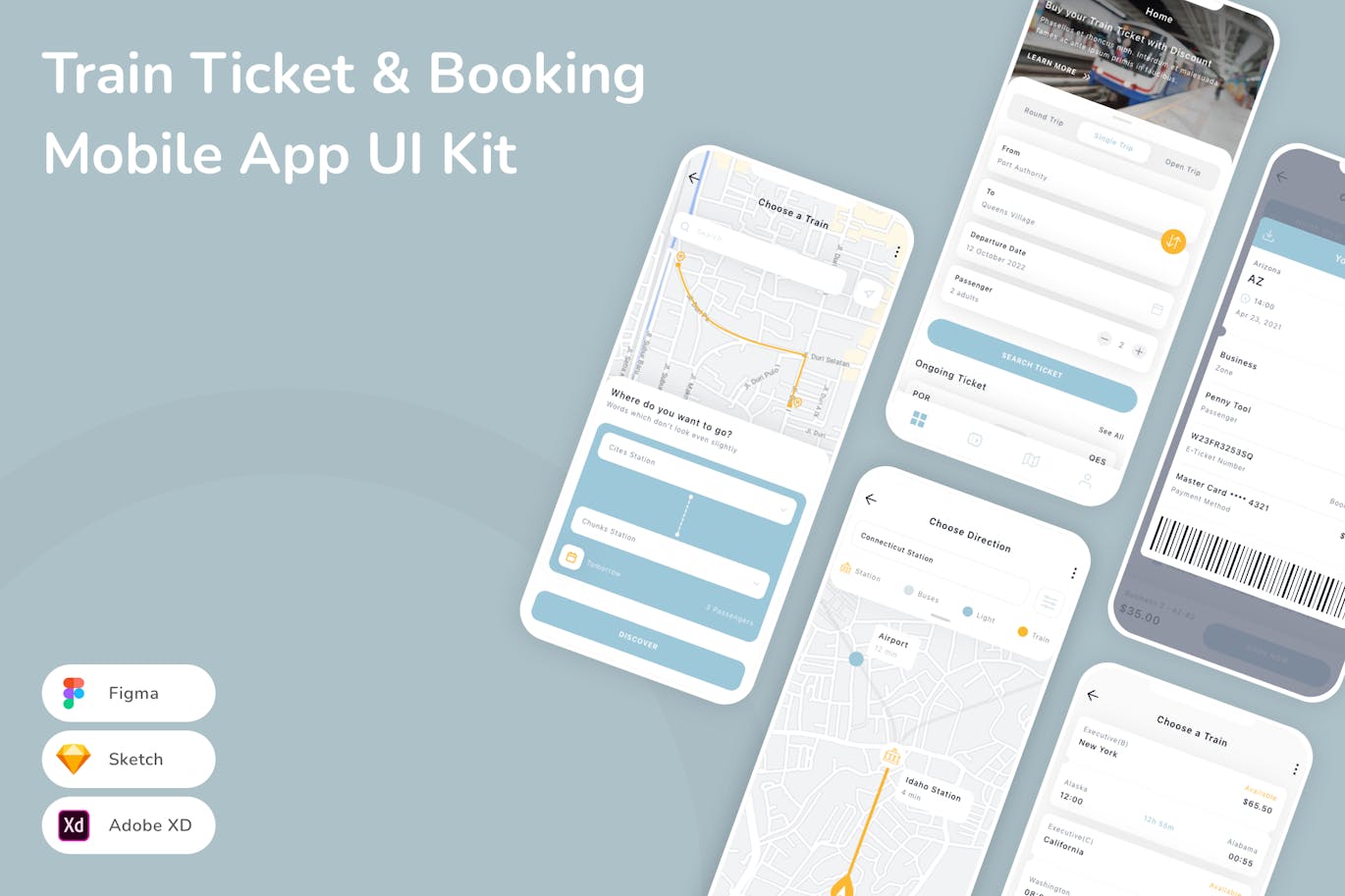火车票和预订移动应用App UI Kit (SKETCH,FIG,XD)