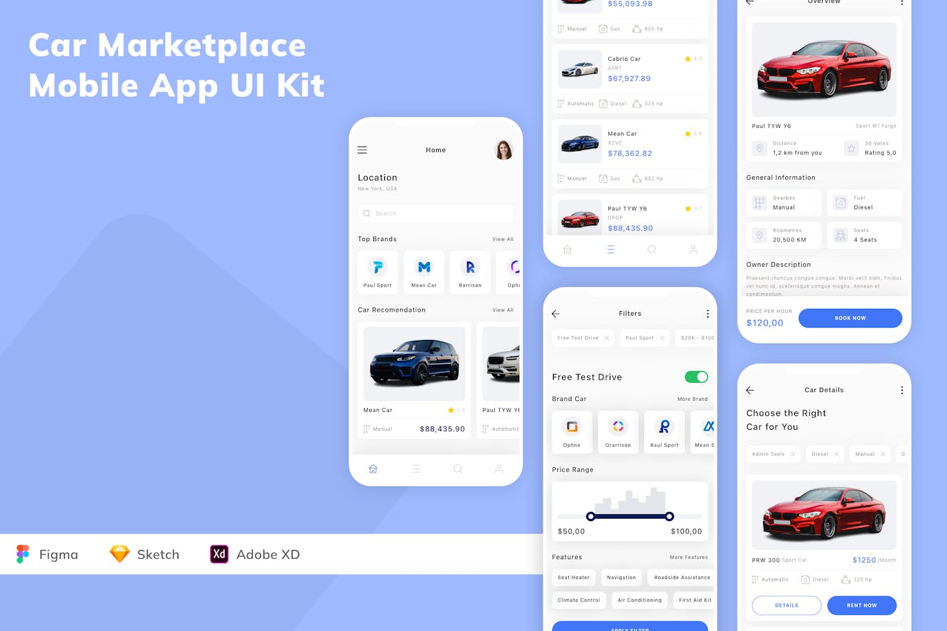 汽车市场移动应用 App UI Kit (SKETCH,FIG,XD)