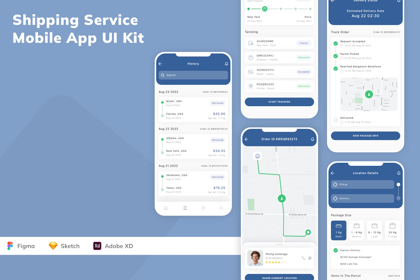 运输服务移动应用App UI Kit (SKETCH,FIG,XD)