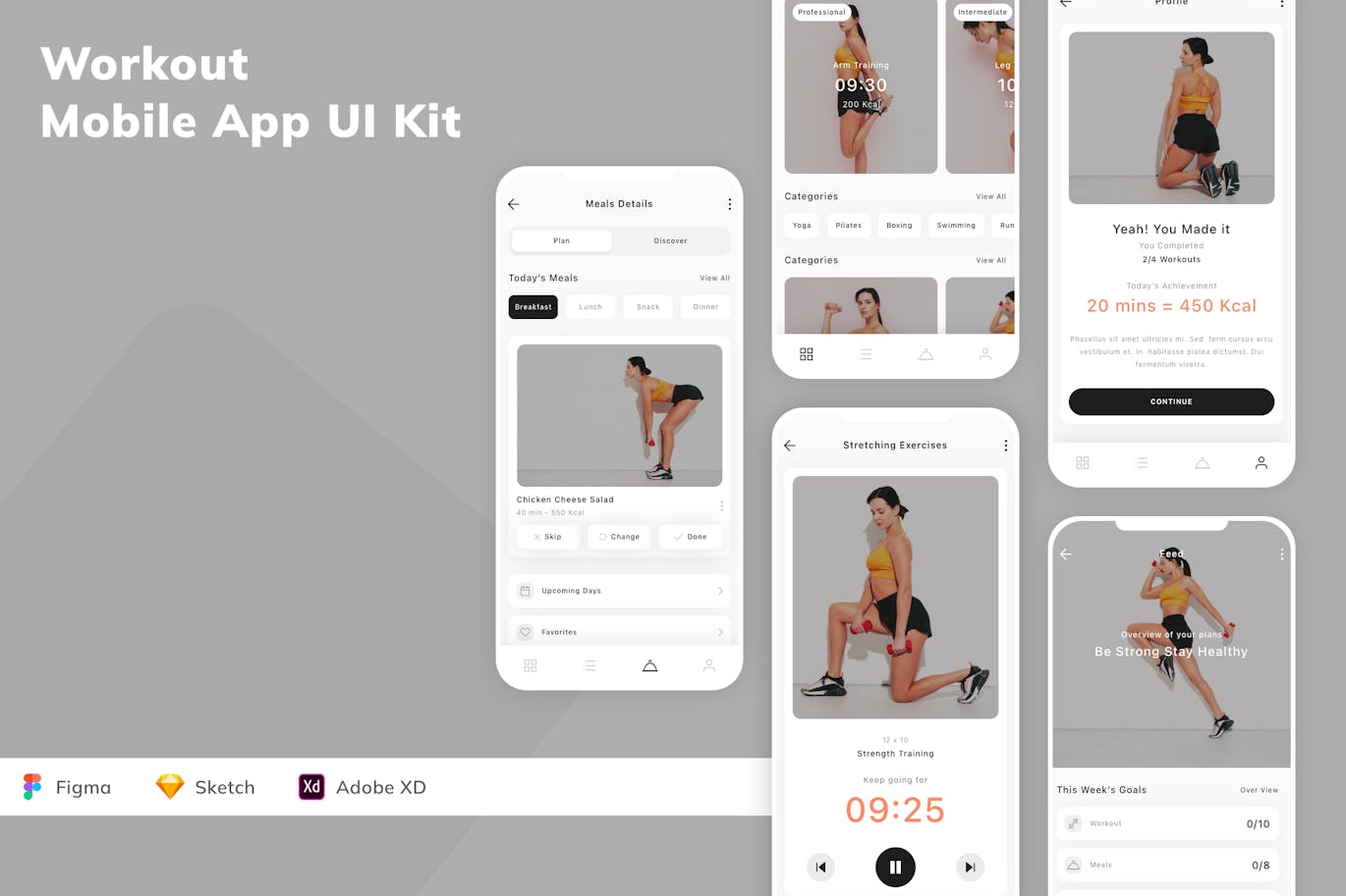 锻炼移动应用App UI Kit (SKETCH,FIG,XD)