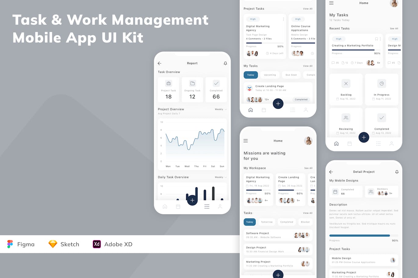 任务和工作管理移动应用 App UI Kit (SKETCH,FIG,XD)