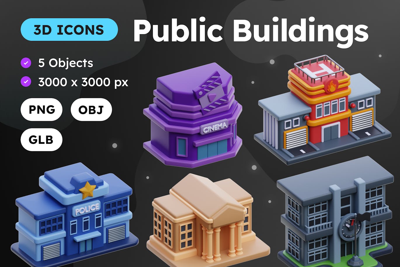 公共建筑 3D 插图 (PNG,OBJ)