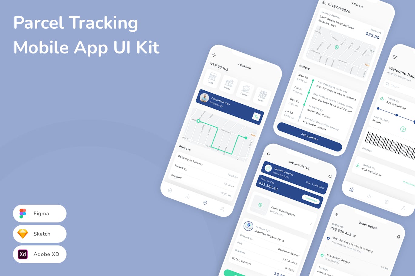 包裹追踪移动应用 App UI Kit (SKETCH,FIG,XD)