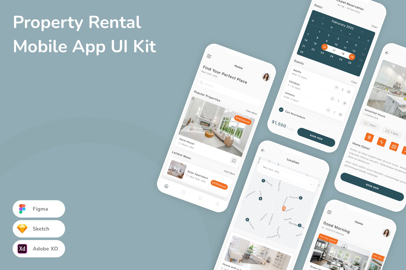 房产租赁移动应用 App UI Kit (SKETCH,FIG,XD)
