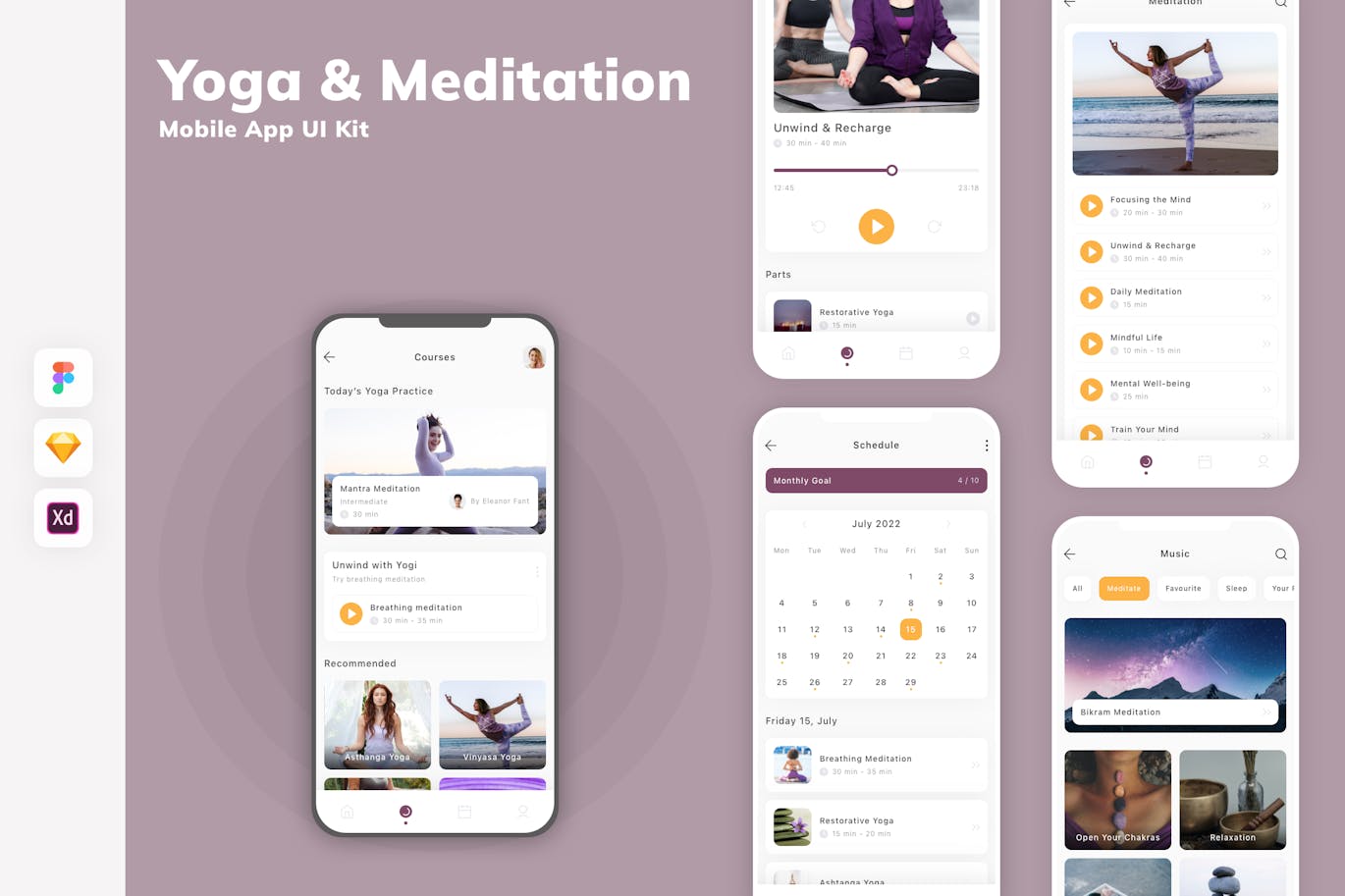 瑜伽和冥想移动应用App UI Kit (SKETCH,FIG,XD)