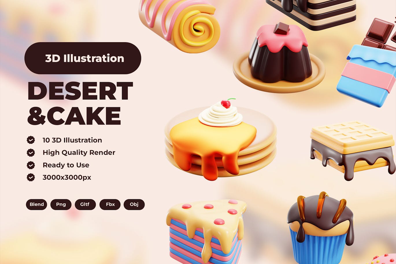 甜点和蛋糕 3D 插图 (PNG,FBX,OBJ,GLTF)