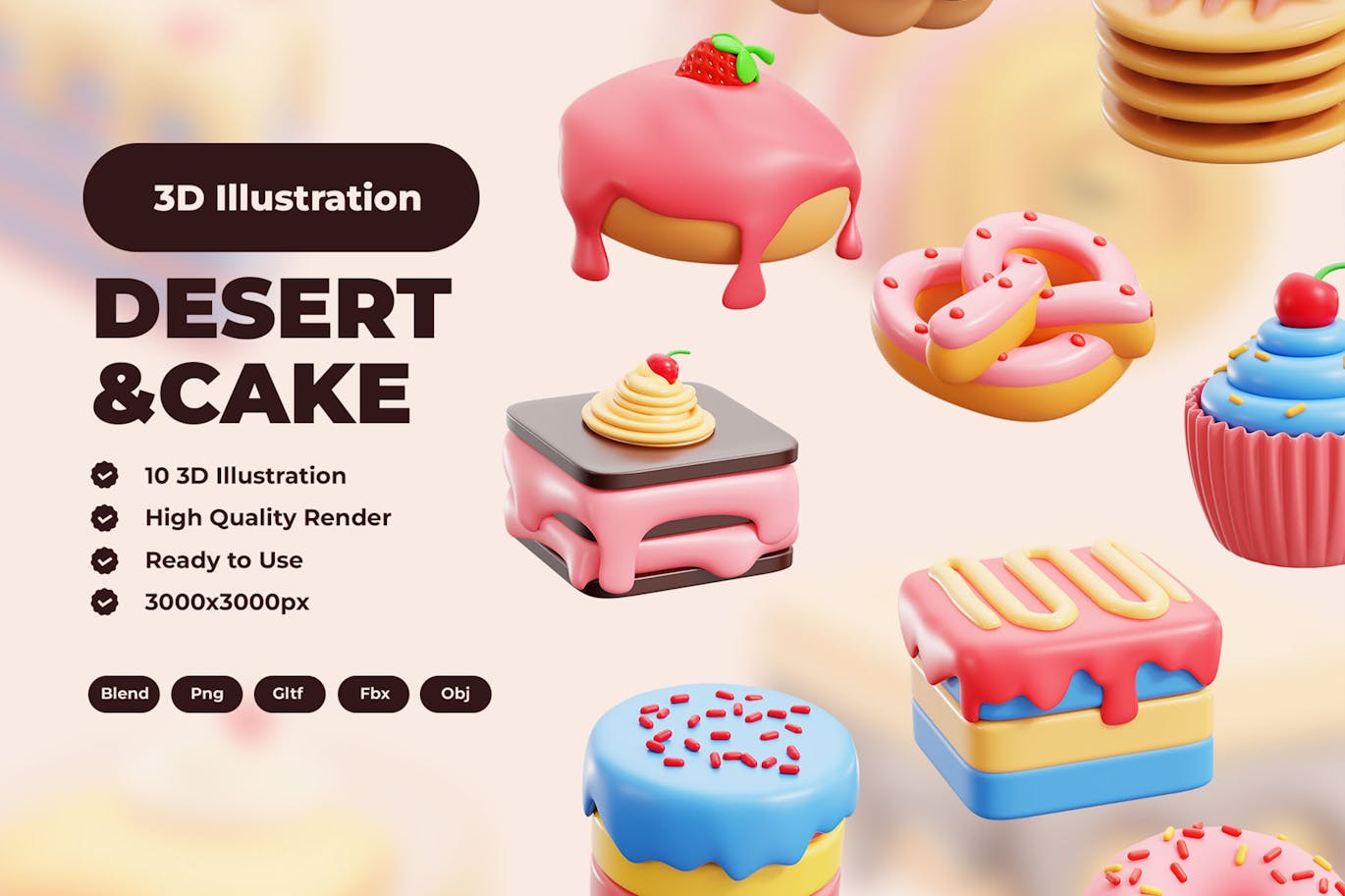 甜点和蛋糕 3D 插图 (PNG)