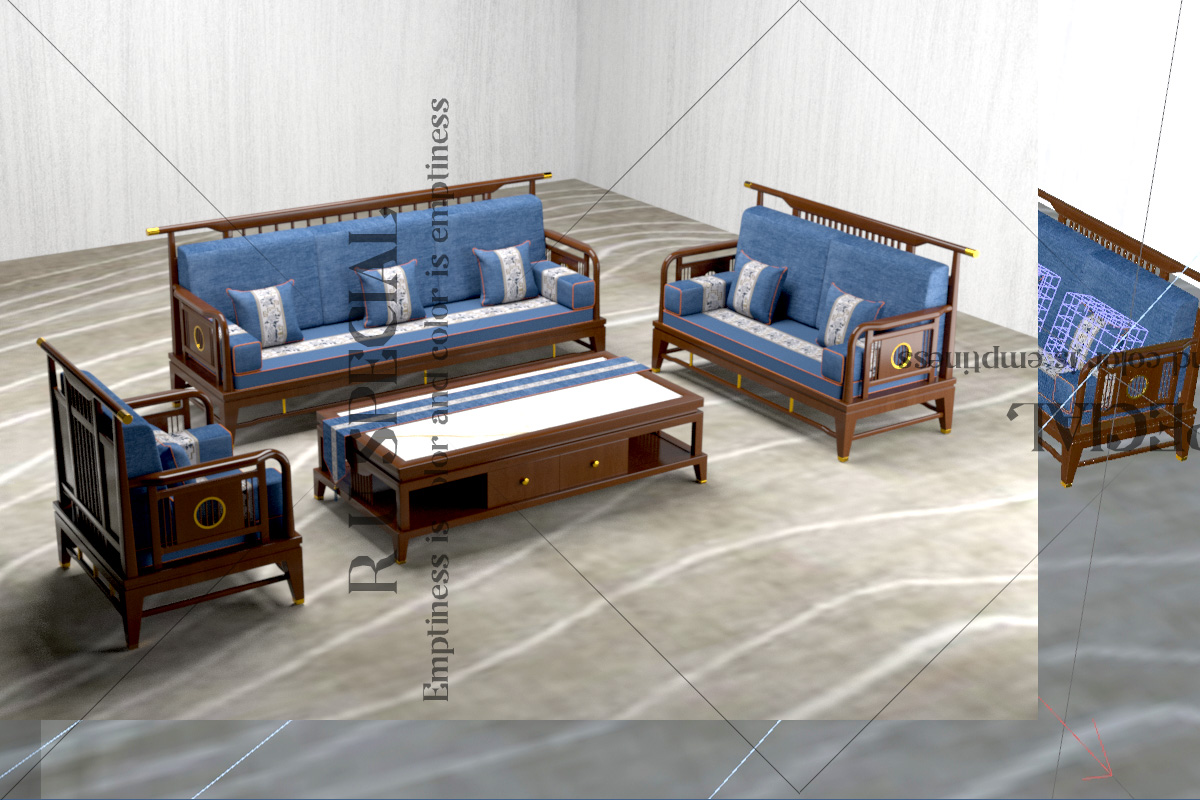 C4D建模新中式国风木质沙发组 3D模型