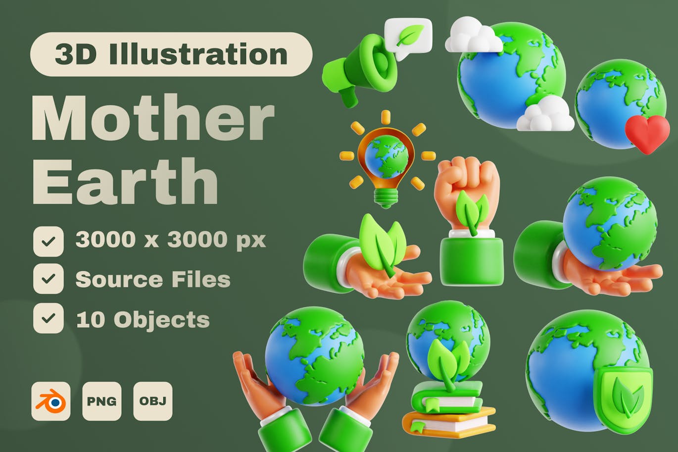 地球母亲 3D 图标集 (PNG,OBJ.BLEND)