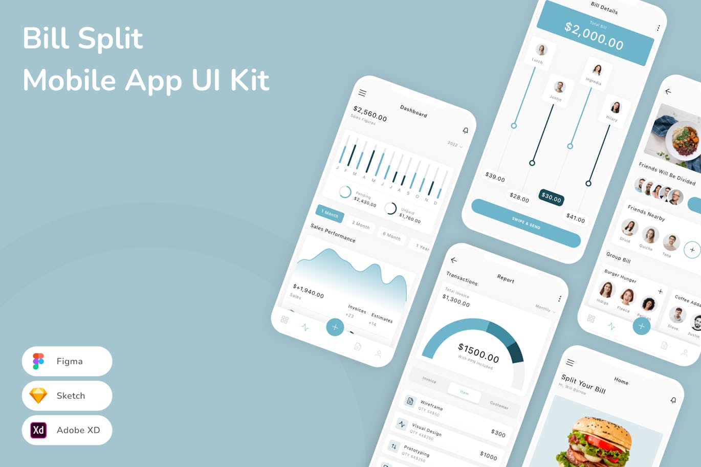 账单拆分 移动应用 App UI Kit (SKETCH,FIG,XD)