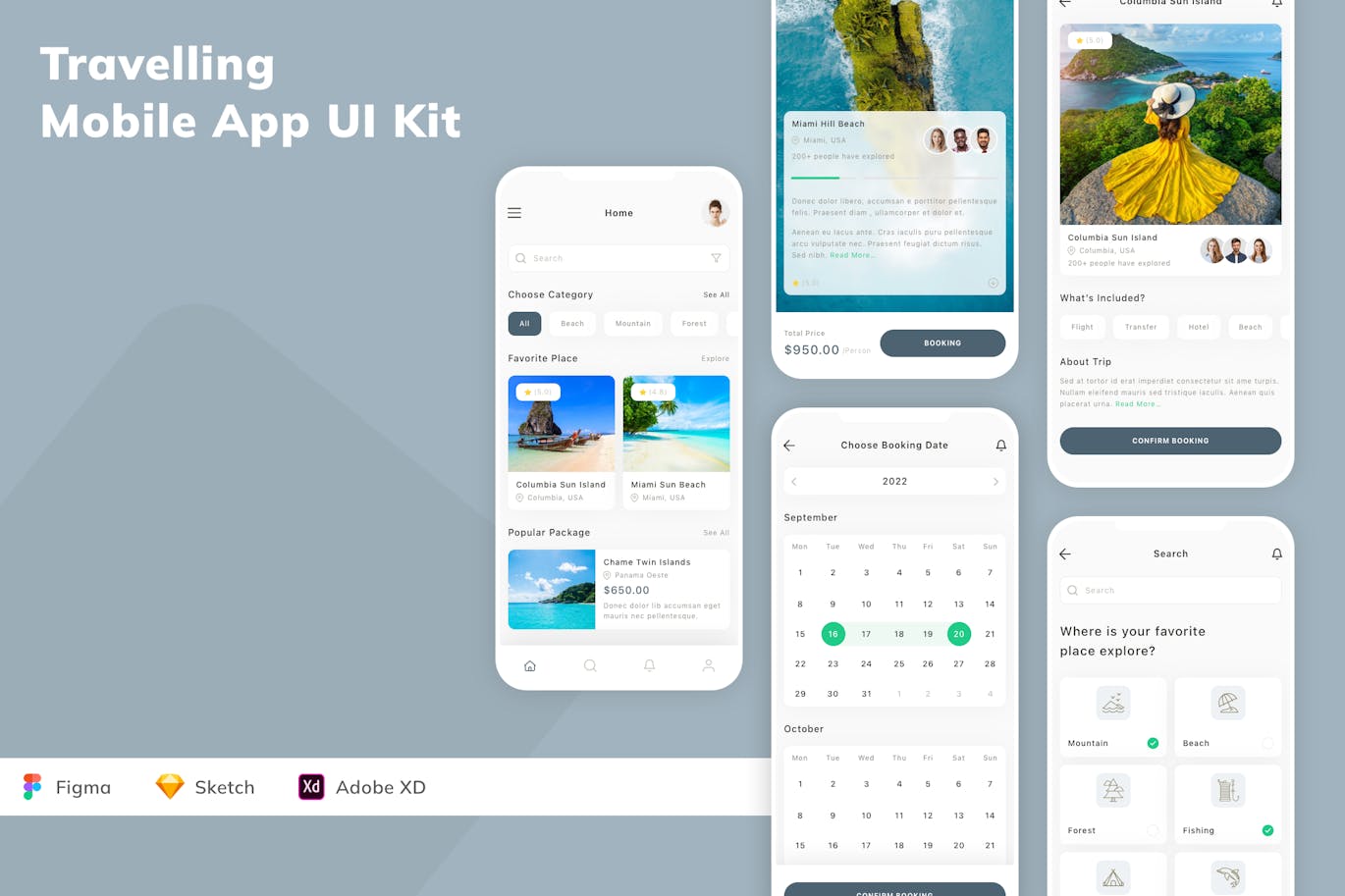 旅游移动应用App UI Kit (SKETCH,FIG,XD)