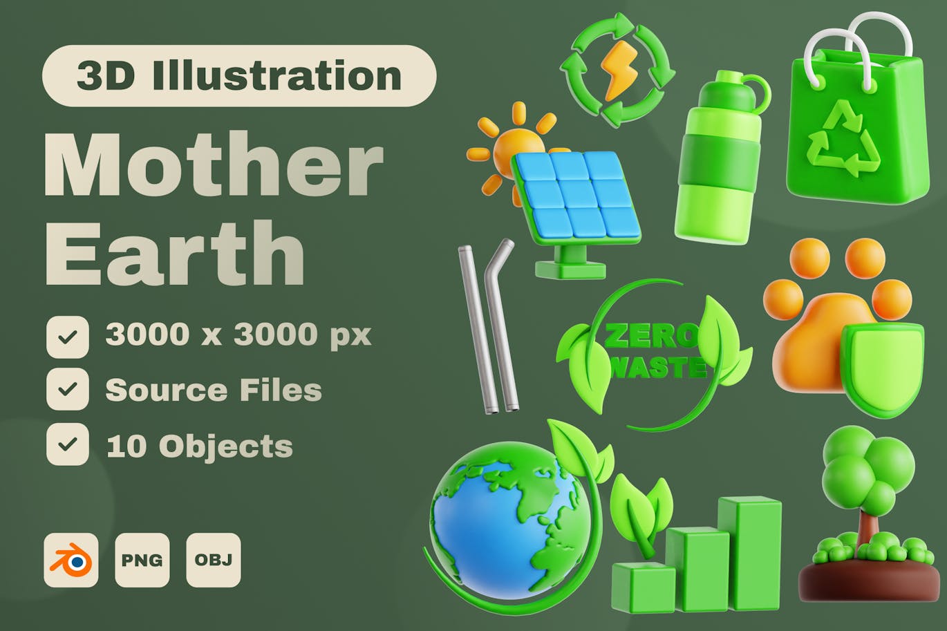地球母亲 3D 图标集 (PNG,OBJ.BLEND)