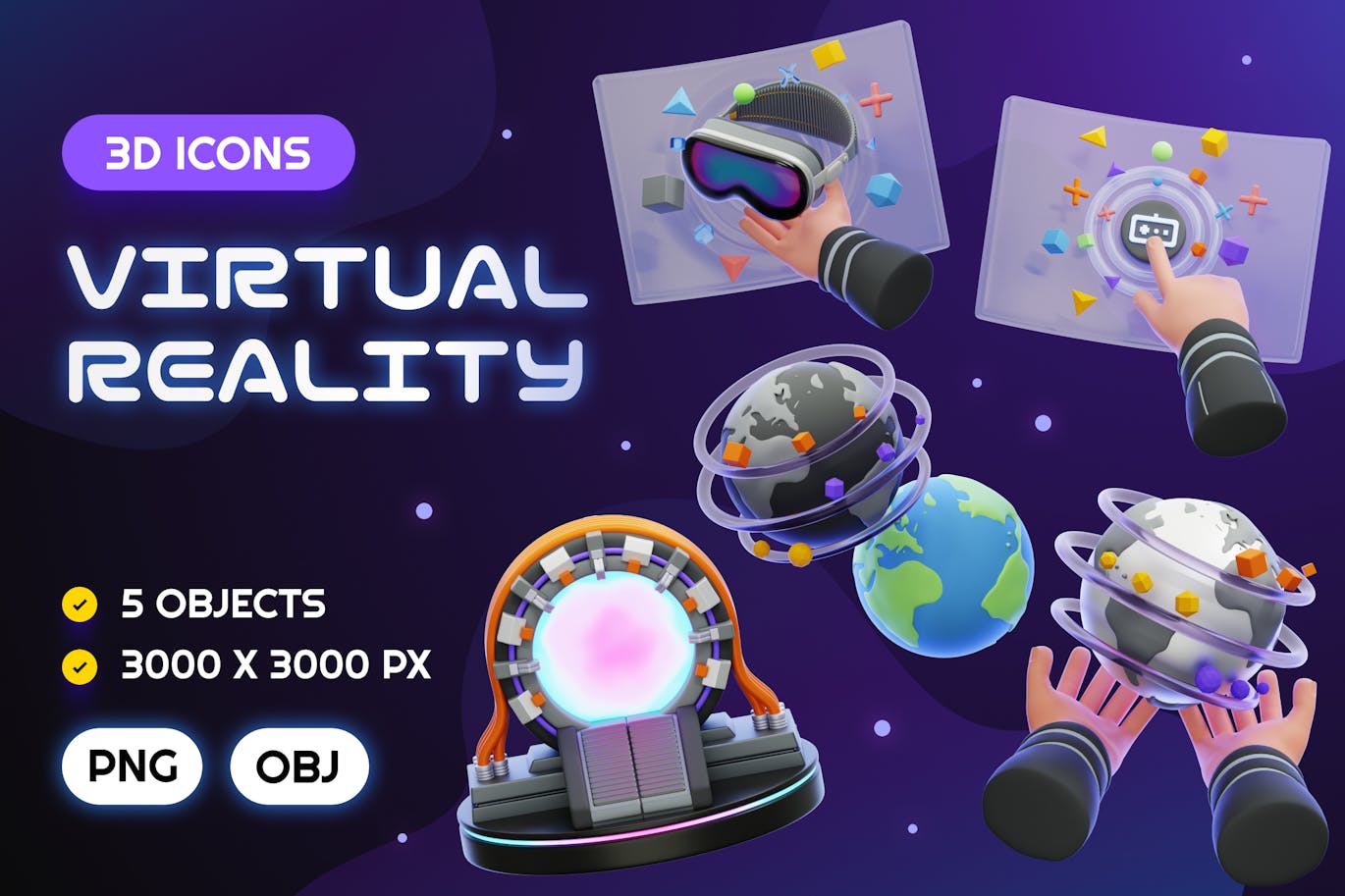 虚拟现实 3D 图标 (PNG,OBJ)