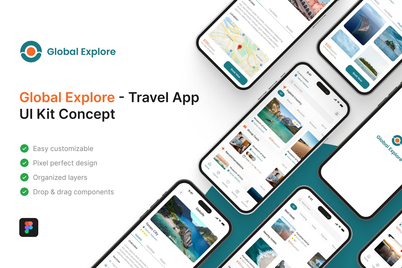 全球探索 – 旅游移动应用App UI Kit (FIG)