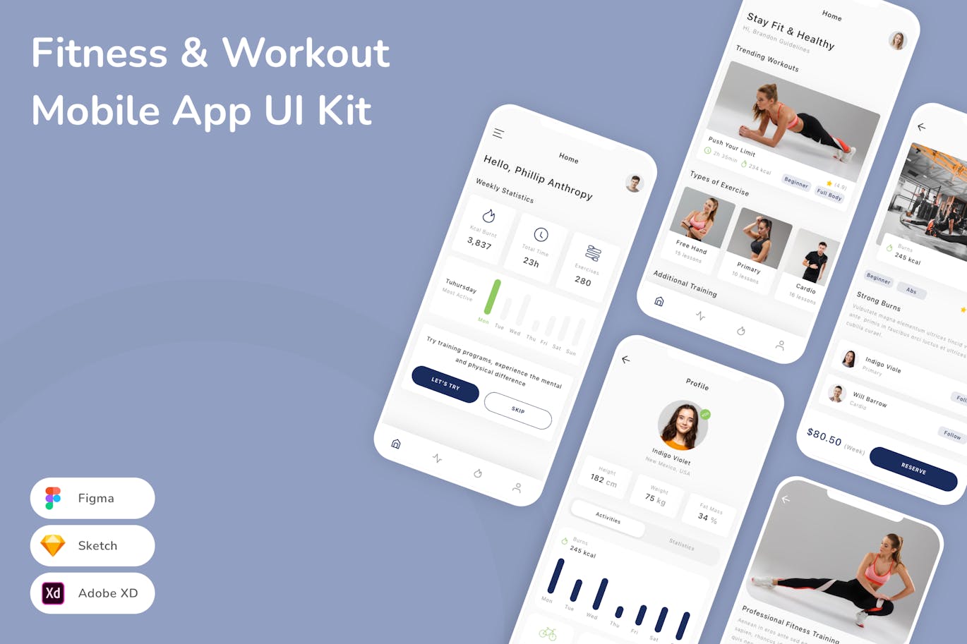 健身和锻炼移动应用App UI Kit (SKETCH,FIG,XD)