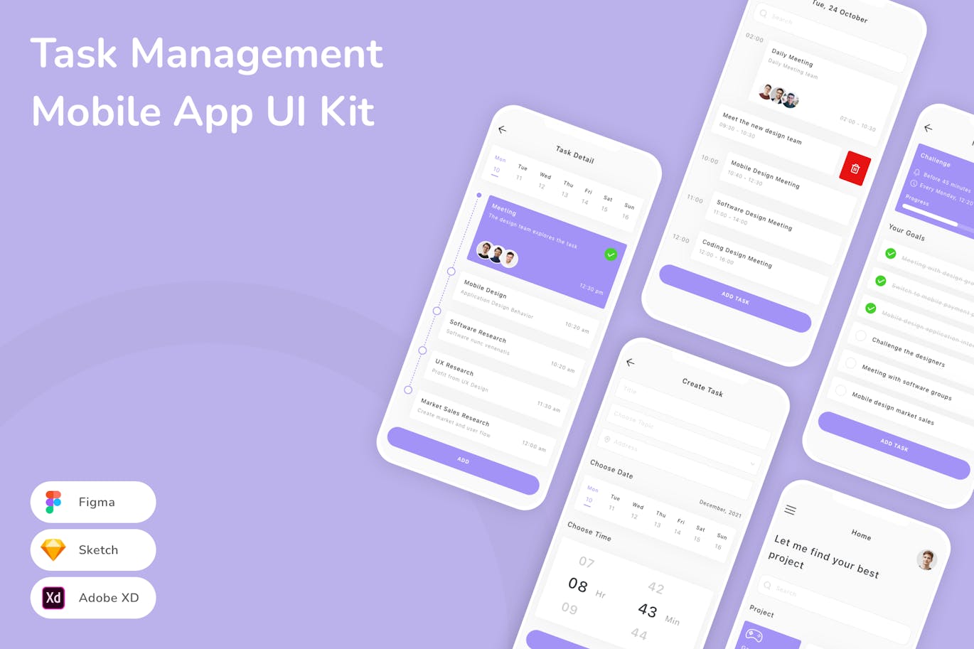 任务管理移动应用App UI Kit (SKETCH,FIG,XD)
