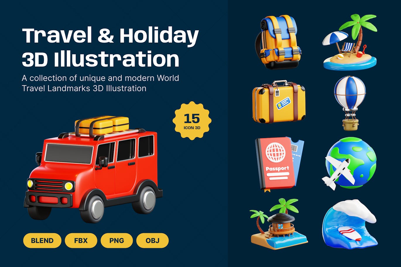 旅行和度假 3D 插图 (PNG,obj,blend,fbx)