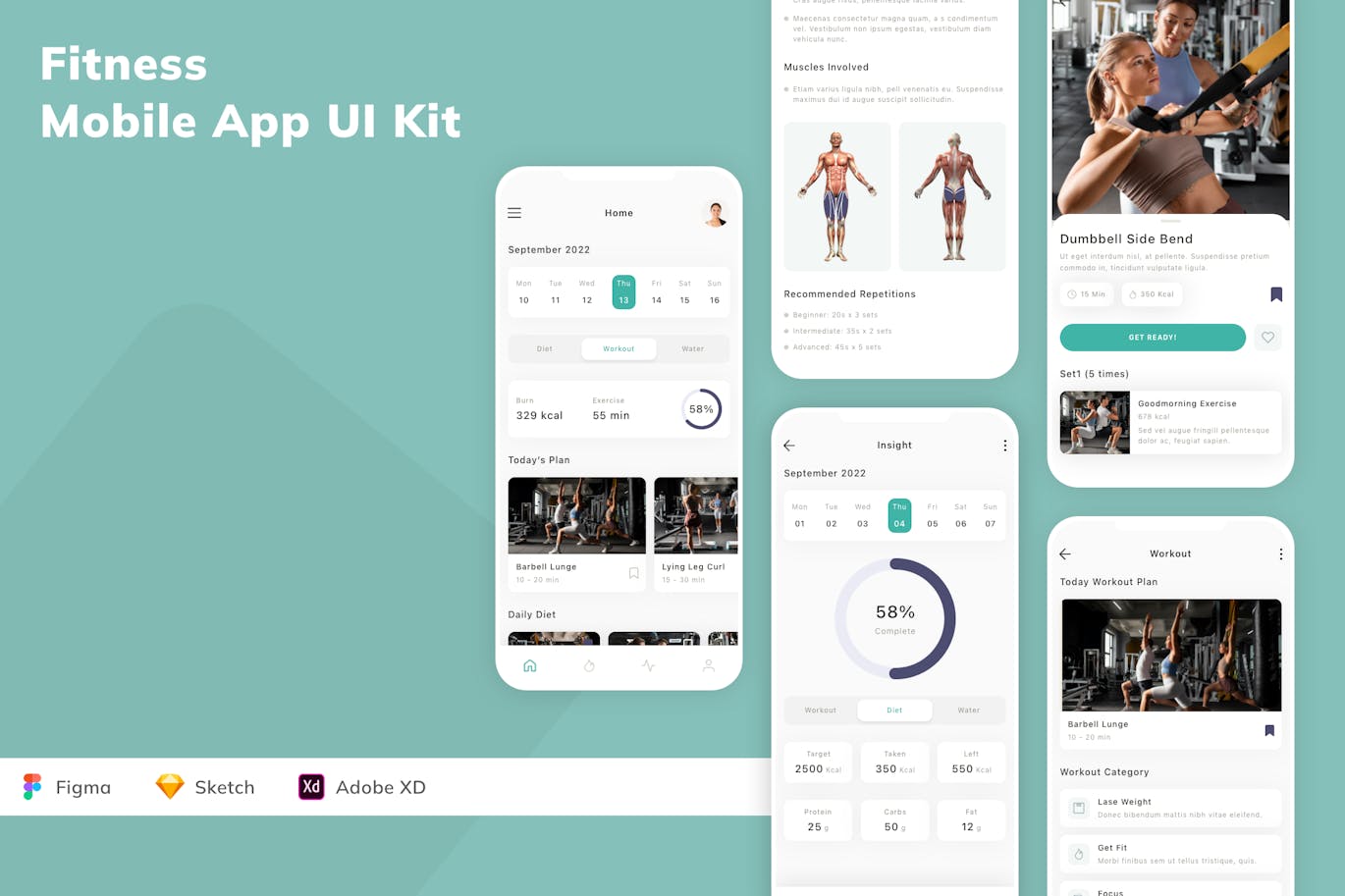 健身移动应用App UI Kit (SKETCH,FIG,XD)