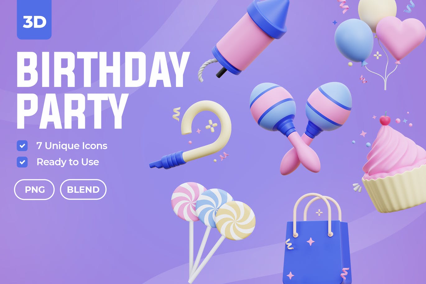 生日聚会 3D 图标 (PNG,Blend)