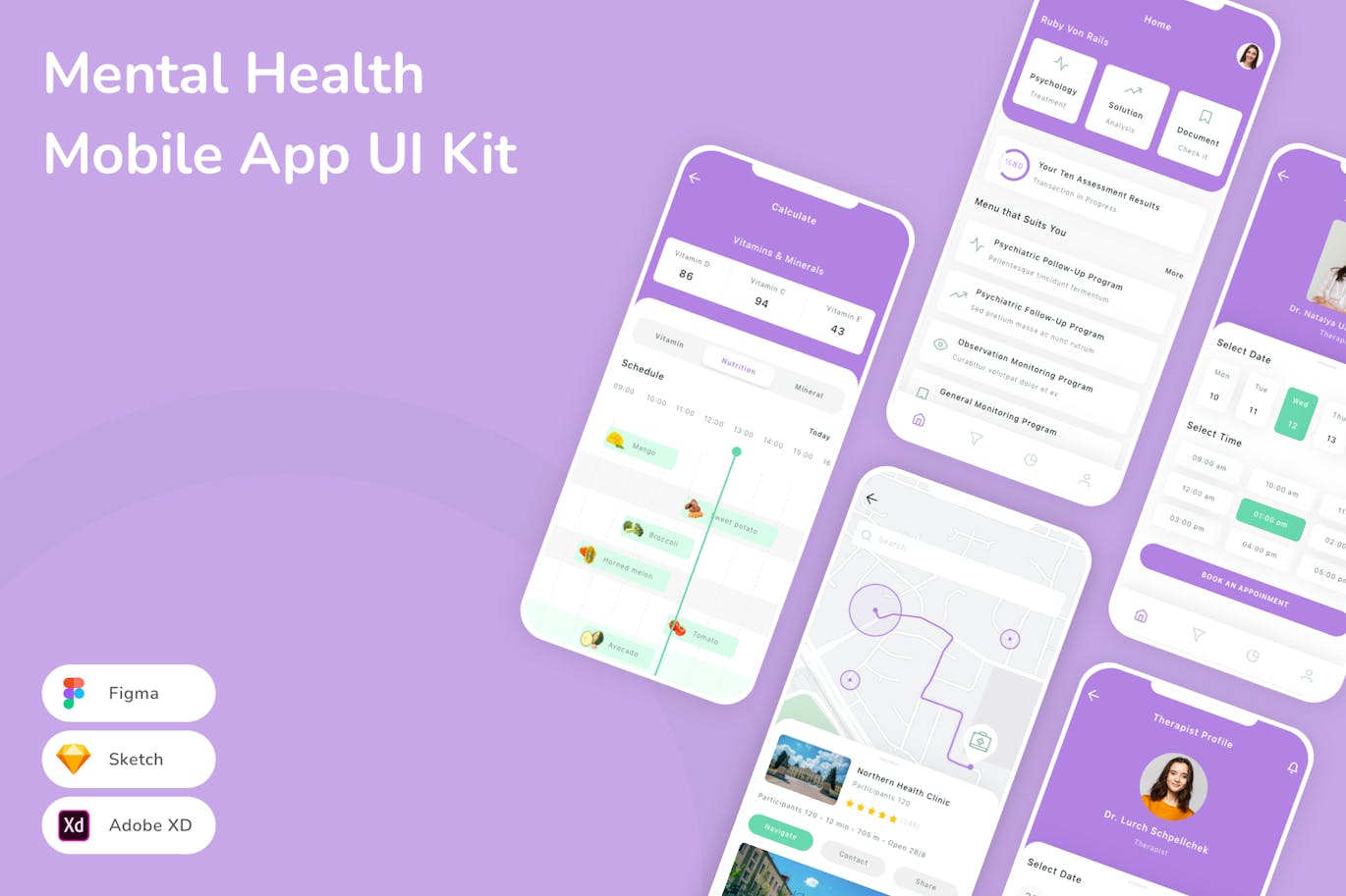 心理健康移动应用 App UI Kit (SKETCH,FIG,XD)