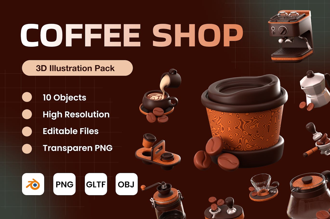 咖啡店 3D 图标包 V.2 (PNG,Blend,OBJ,GLTF)